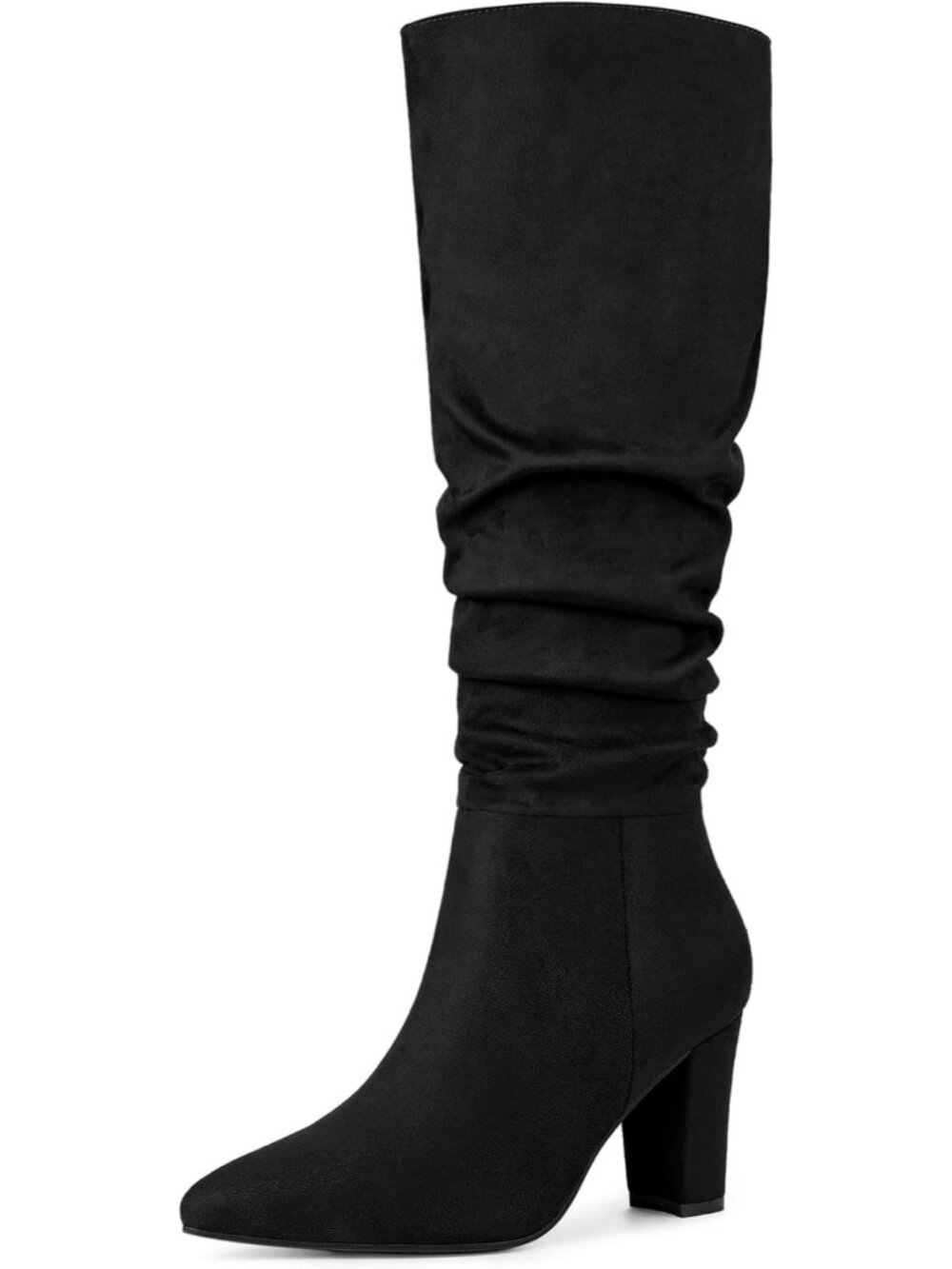 🆕Women's Black Slouchy Pointed Toe Knee High Boots Chunky Block Heel Shoes